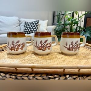 Vintage MCM stoneware wheat design mugs